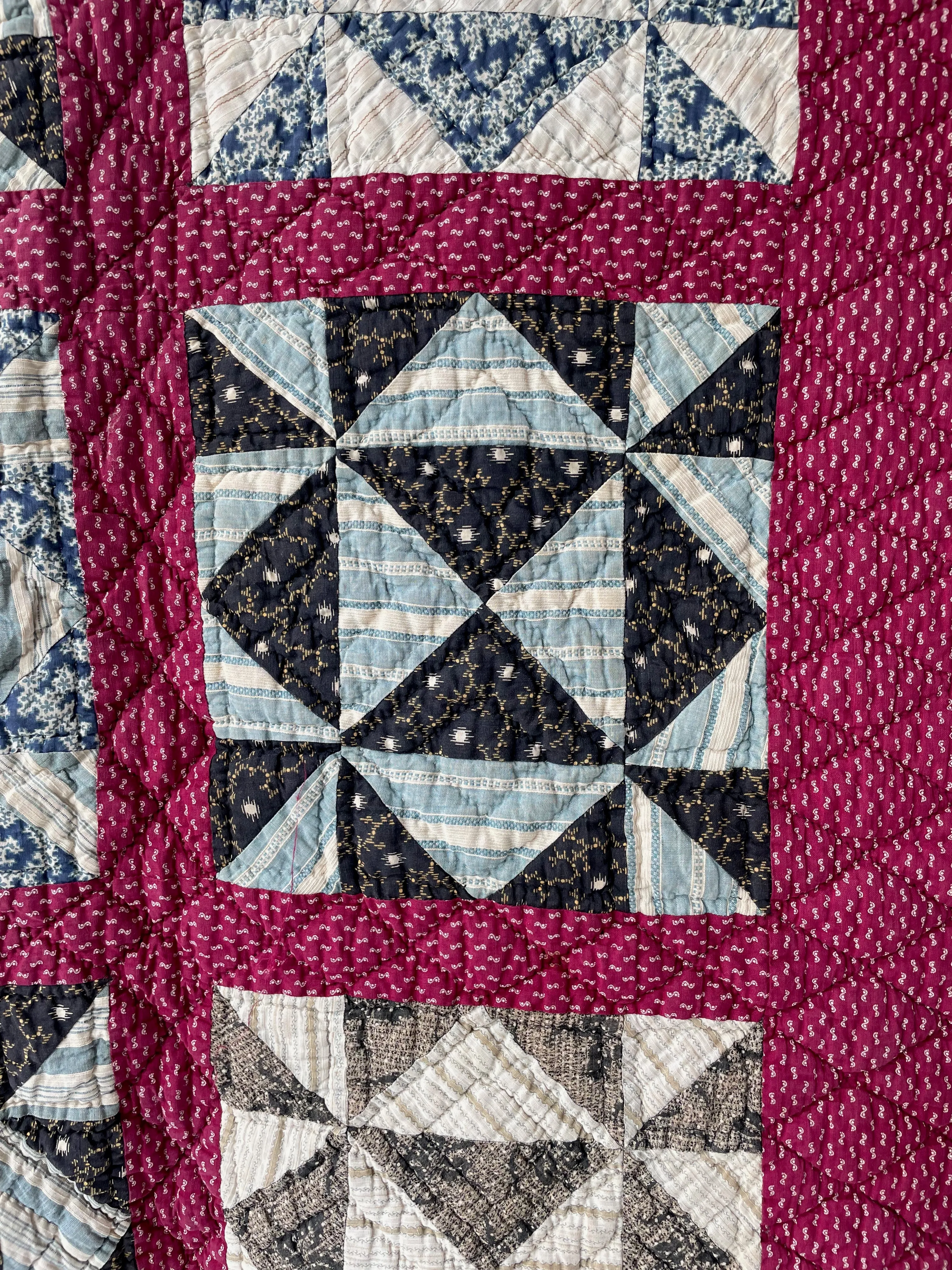 Antique 1880s Calico Blocks & Bars Quilt