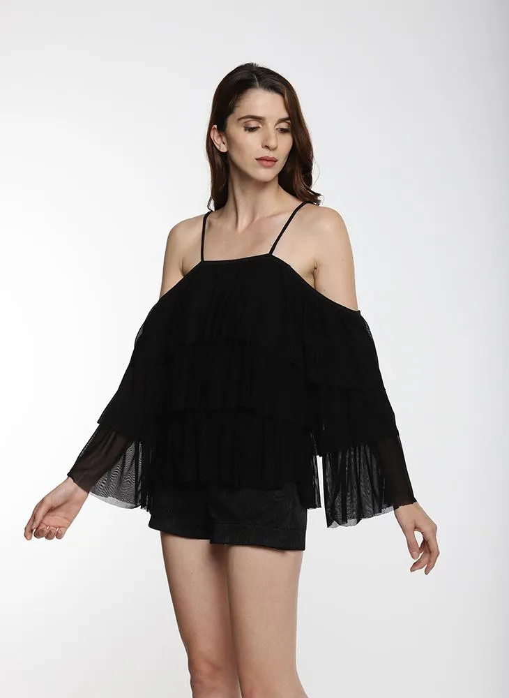 Black Ruffle Cold Shoulder Top