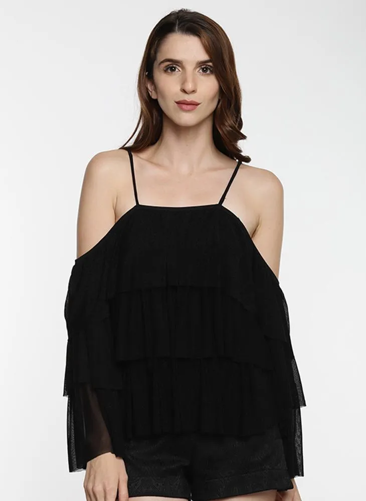 Black Ruffle Cold Shoulder Top