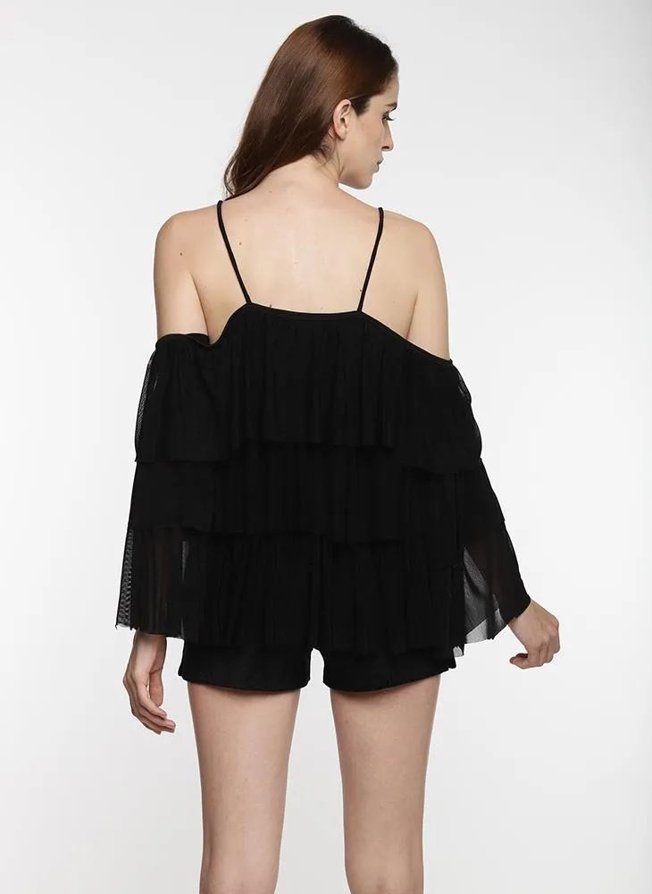 Black Ruffle Cold Shoulder Top