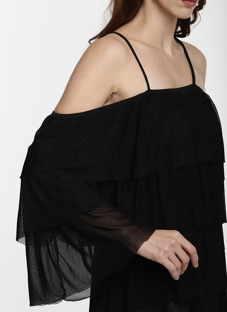 Black Ruffle Cold Shoulder Top