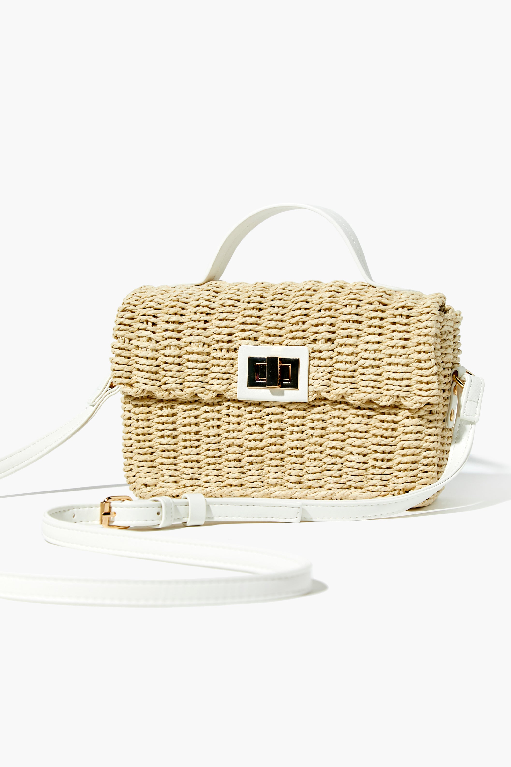 Contrast-Trim Basketwoven Crossbody Bag