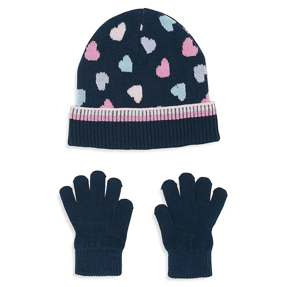 Hudson's Bay Kid's 2-Piece Heart-Print Toque & Knit Gloves Set