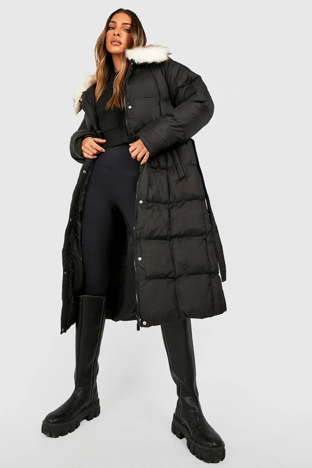 Jackets & Coats | Faux Fur Collar Longline Puffer | boohoo