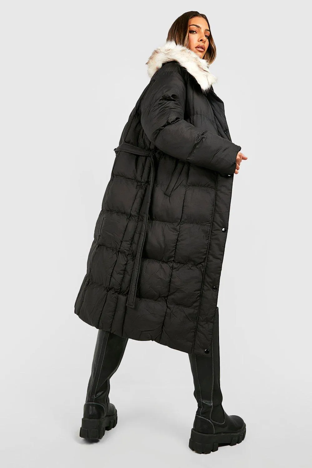 Jackets & Coats | Faux Fur Collar Longline Puffer | boohoo