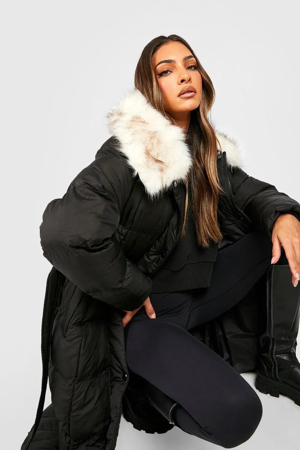 Jackets & Coats | Faux Fur Collar Longline Puffer | boohoo