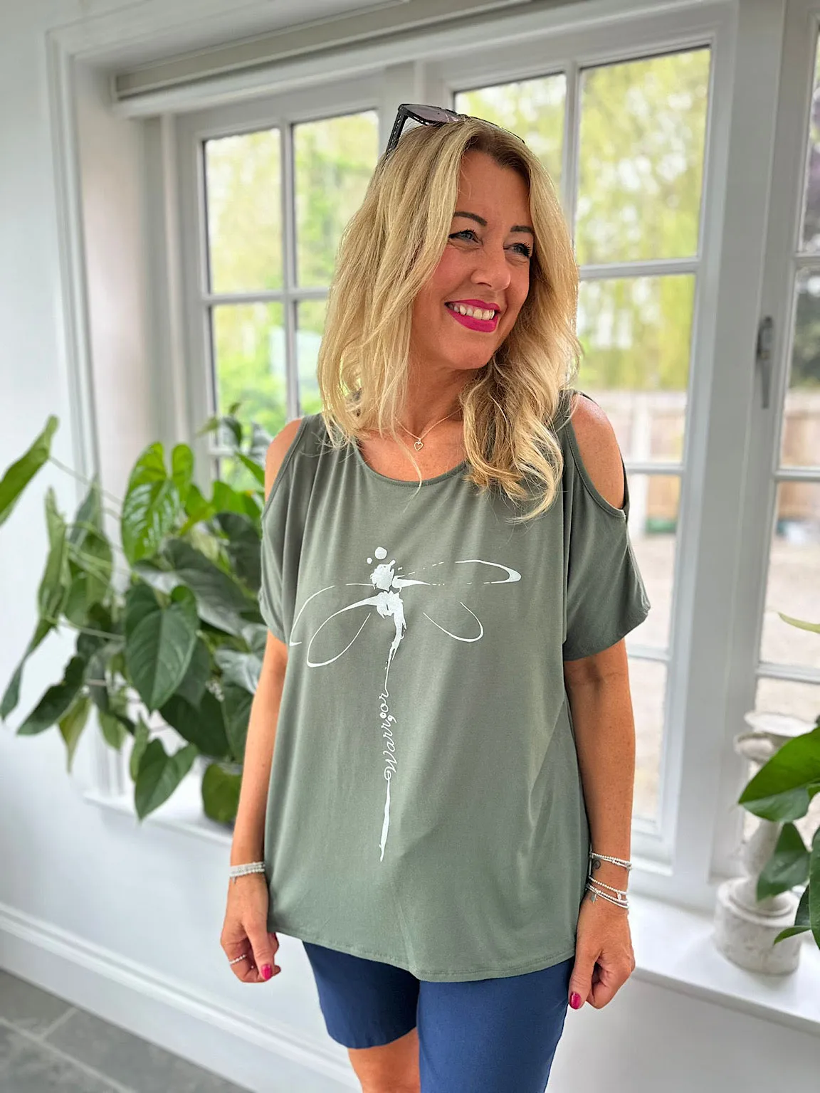 Khaki Dragonfly Warrior Cold Shoulder Top Lisa