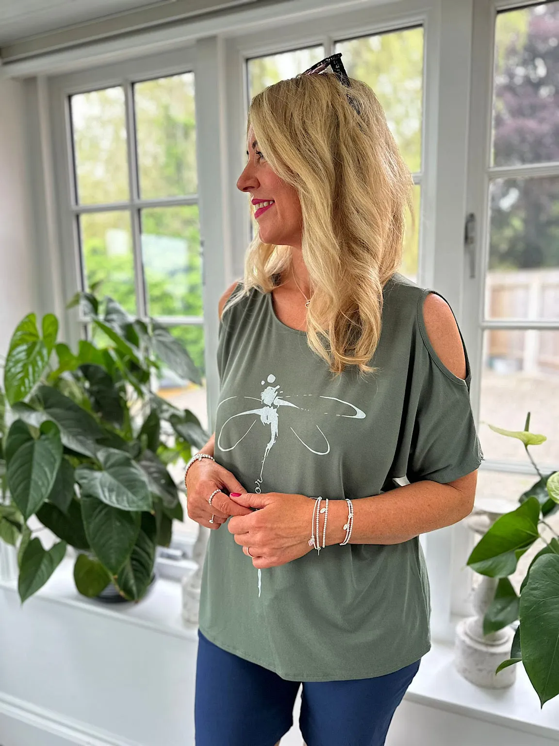 Khaki Dragonfly Warrior Cold Shoulder Top Lisa