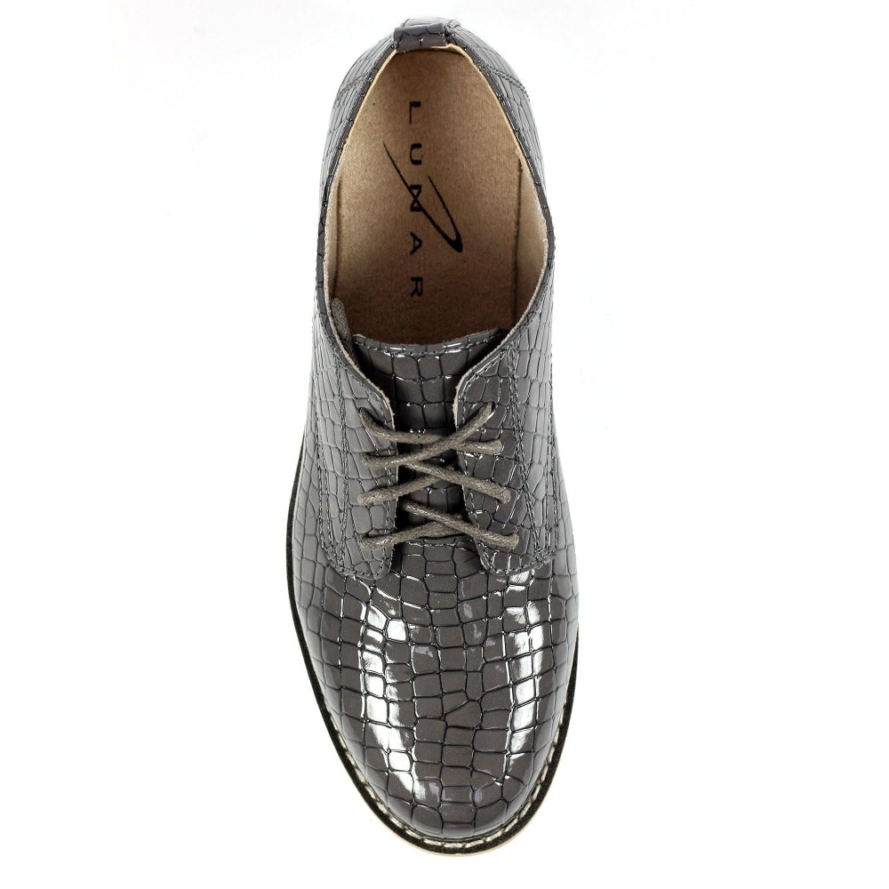 Lace Up Brogues Lunar Faux Croc Patent Ladies Casual Shoes Croft Grey