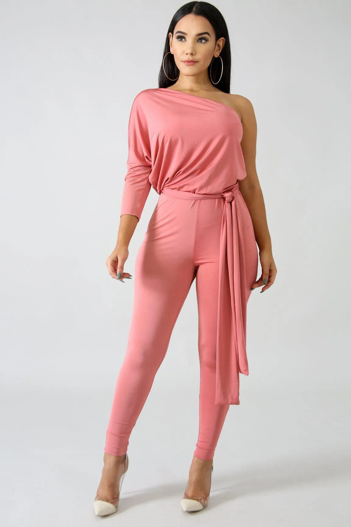 Mauve Cold Shoulder Belted Jumpsuit