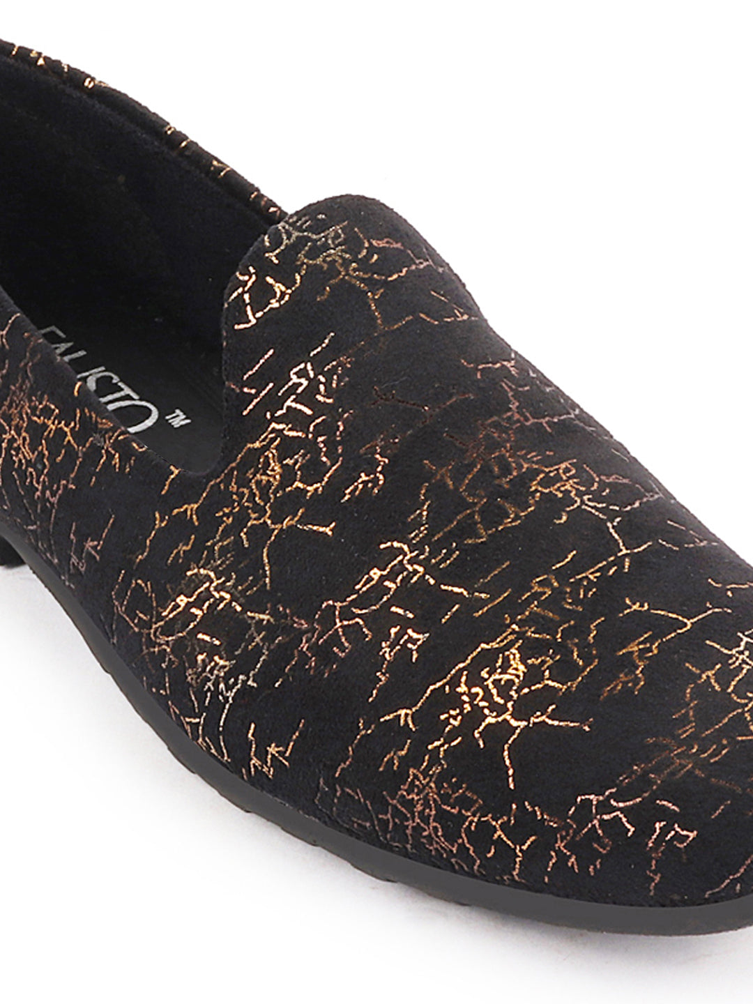 Men Black Velvet Printed Design Ethnic Wedding Party Prom Slip On Loafer Shoes