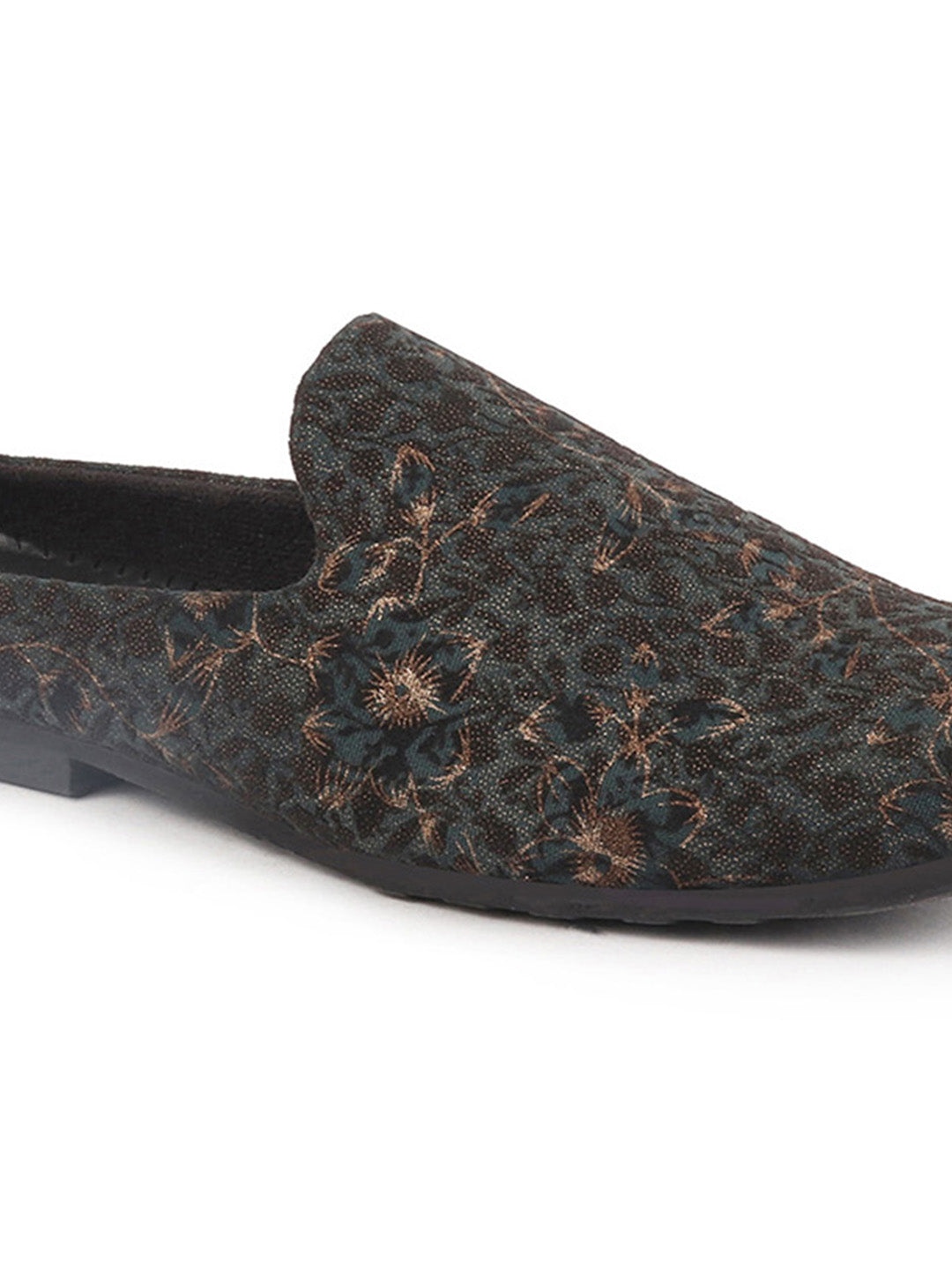 Men Brown Floral Print Embellish Ethnic Wedding Party Back Open Slip on Shoes