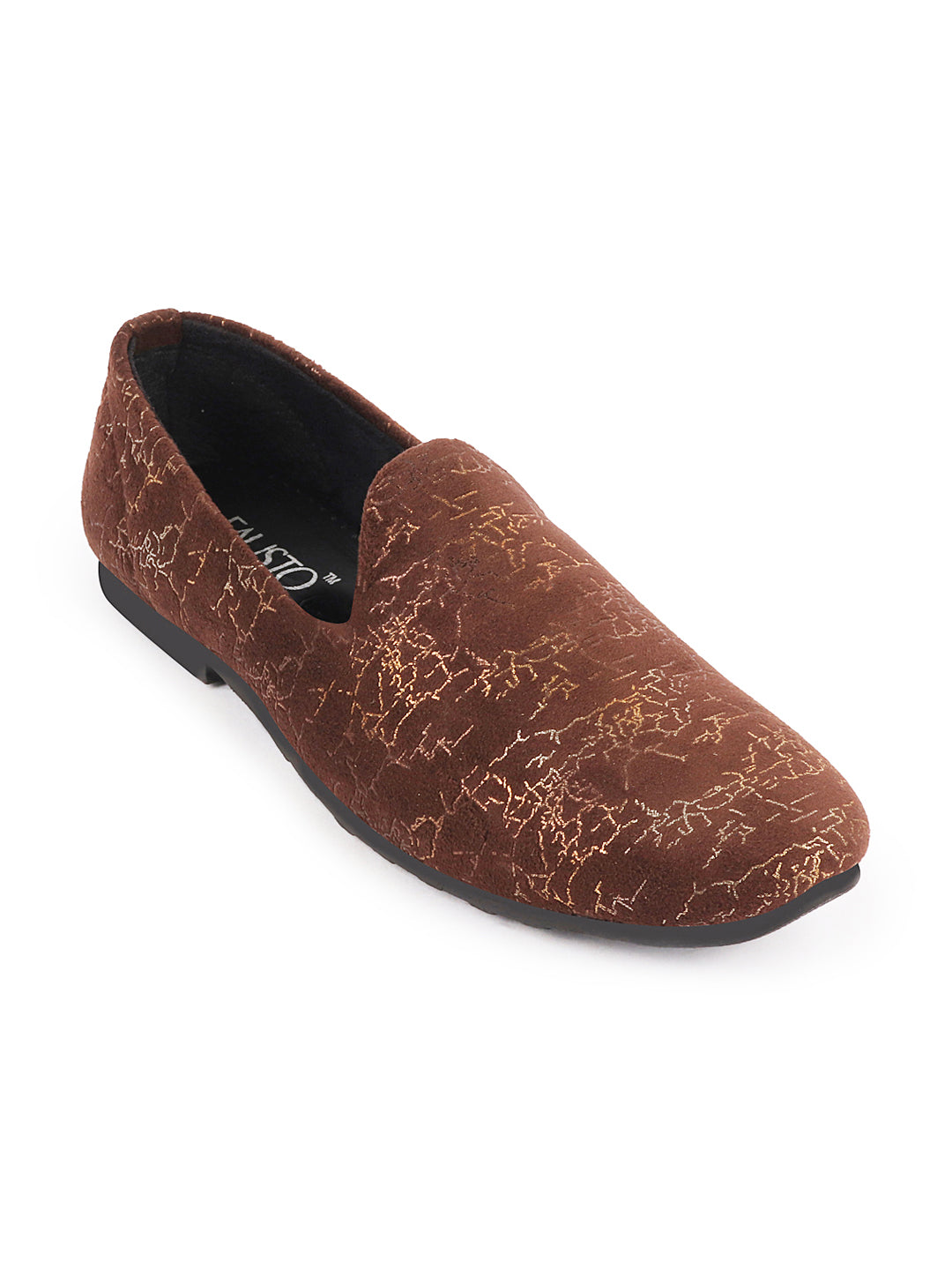 Men Brown Velvet Printed Design Ethnic Wedding Party Prom Slip On Loafer Shoes