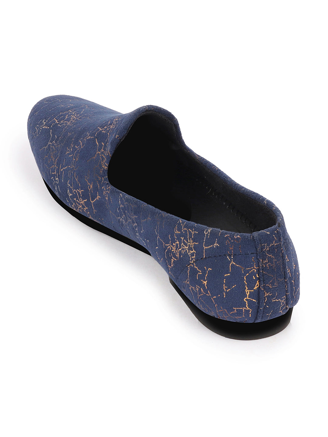 Men Navy Blue Velvet Printed Design Ethnic Wedding Party Prom Slip On Loafer Shoes