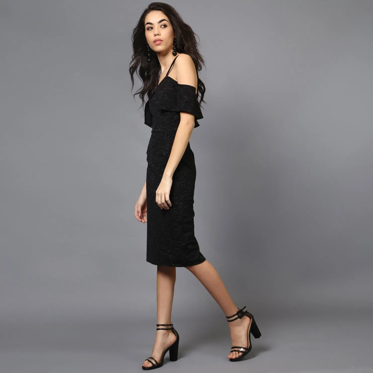 Midi Length Cold Shoulder Panelled Sleeve Dress