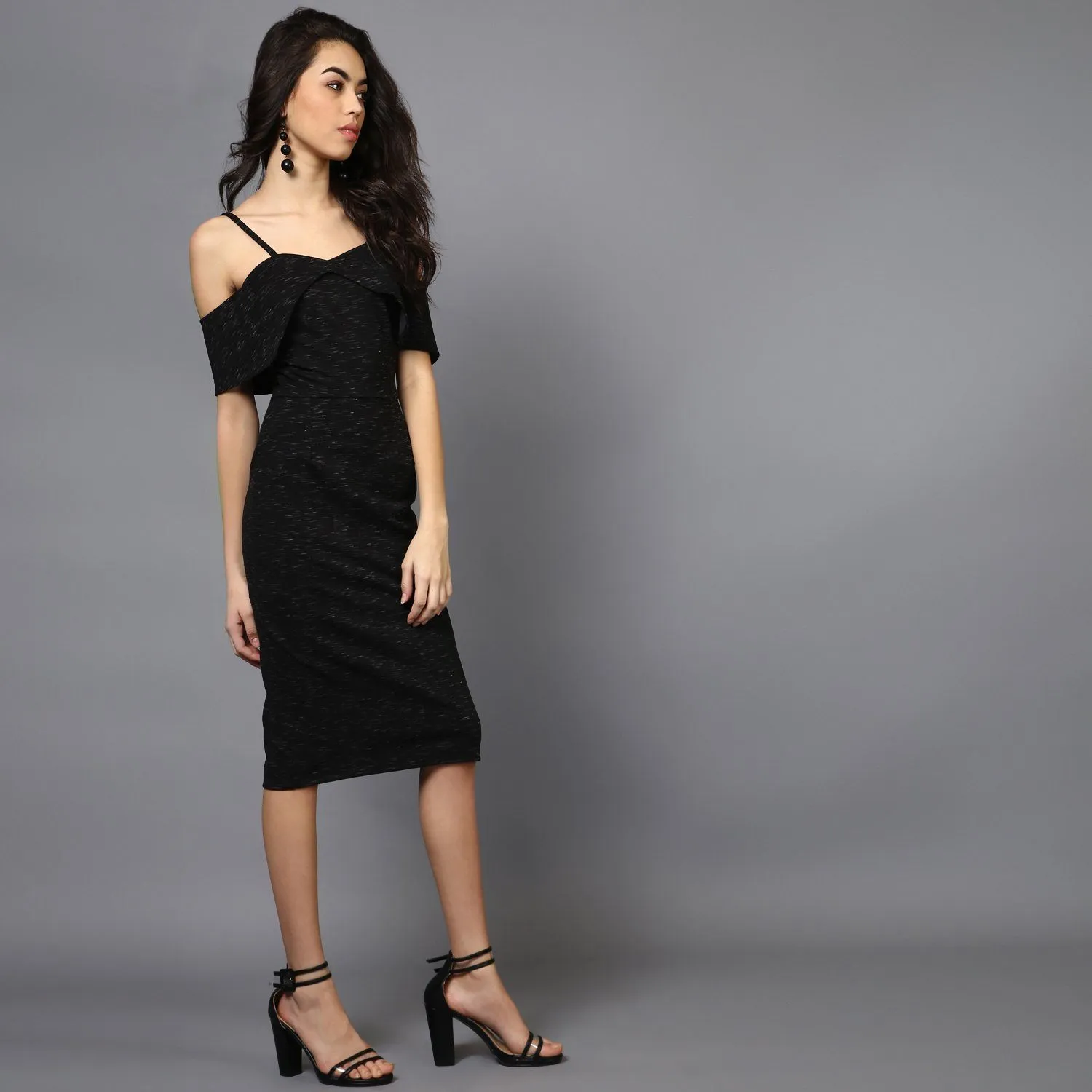 Midi Length Cold Shoulder Panelled Sleeve Dress