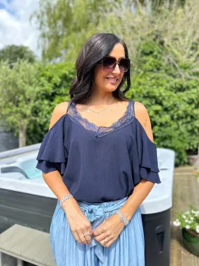 Navy Lace Cold Shoulder Top Pia