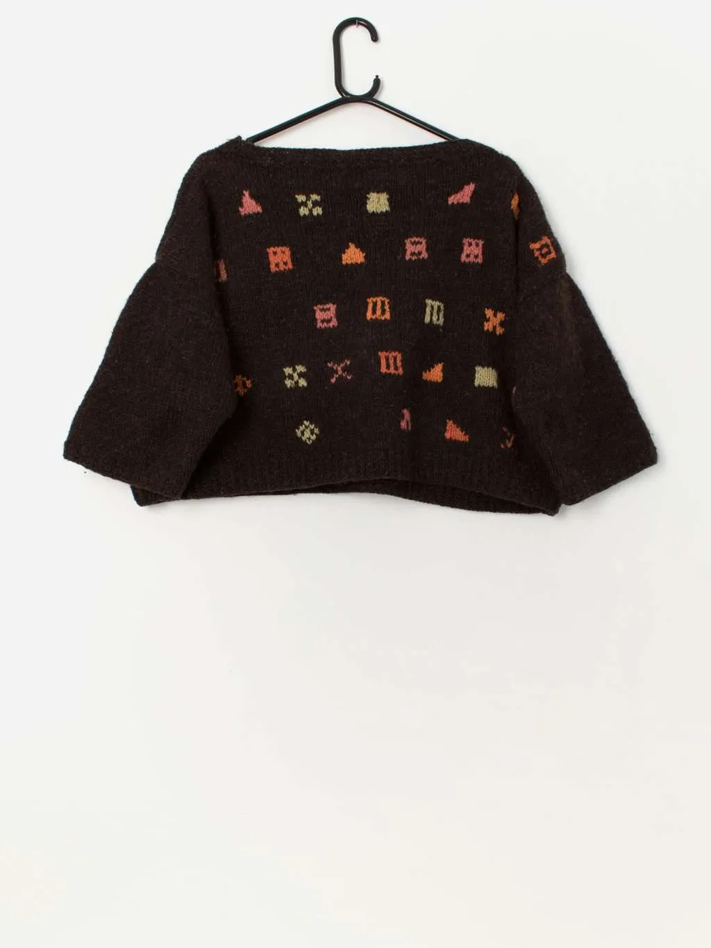 Vintage brown wool cropped jumper with geometric pattern – Medium / Large