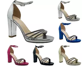 Women's Block Heel Diamante Ankle Strap Shoes