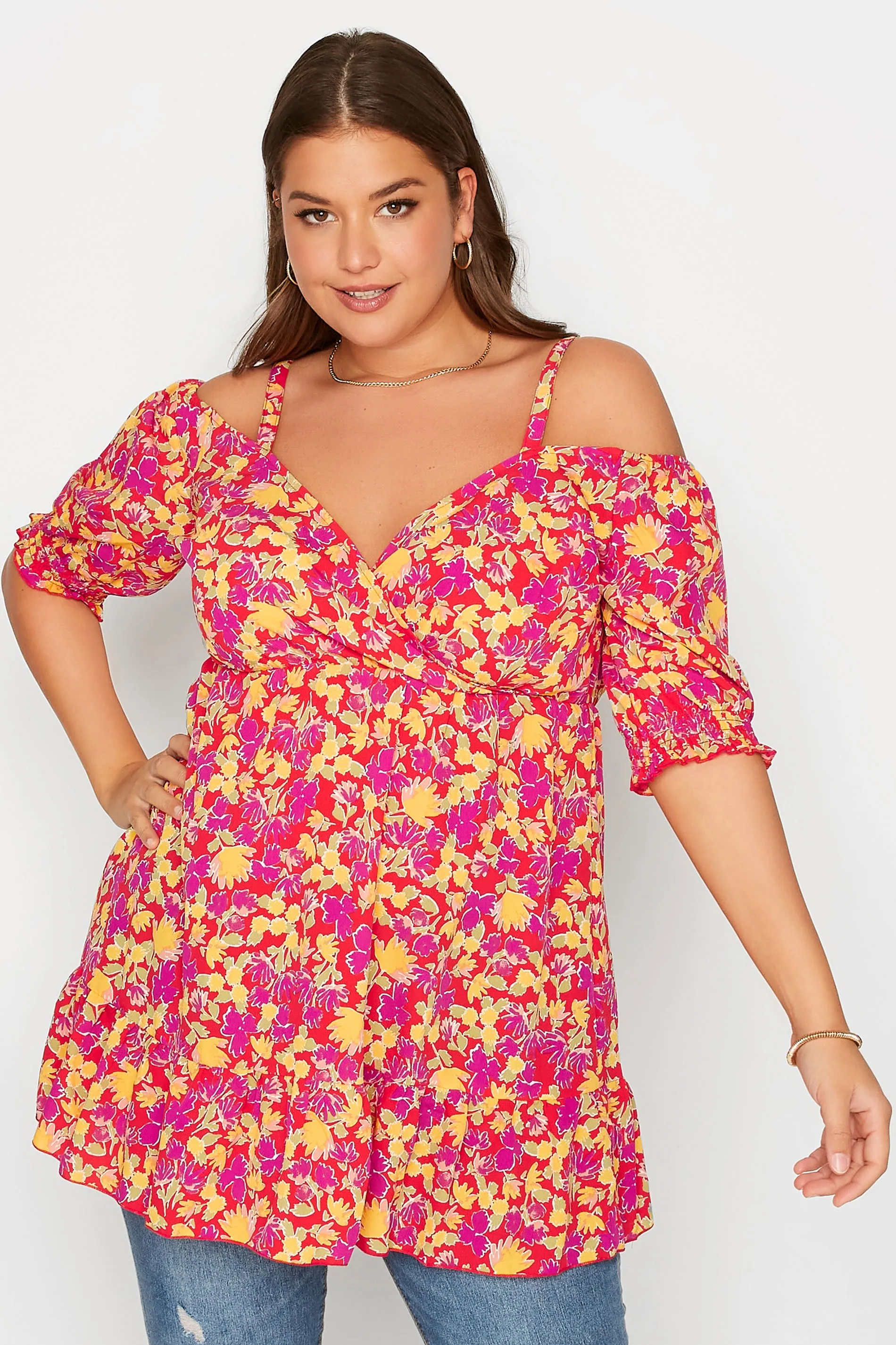 YOURS Curve Red Floral Cold Shoulder Top