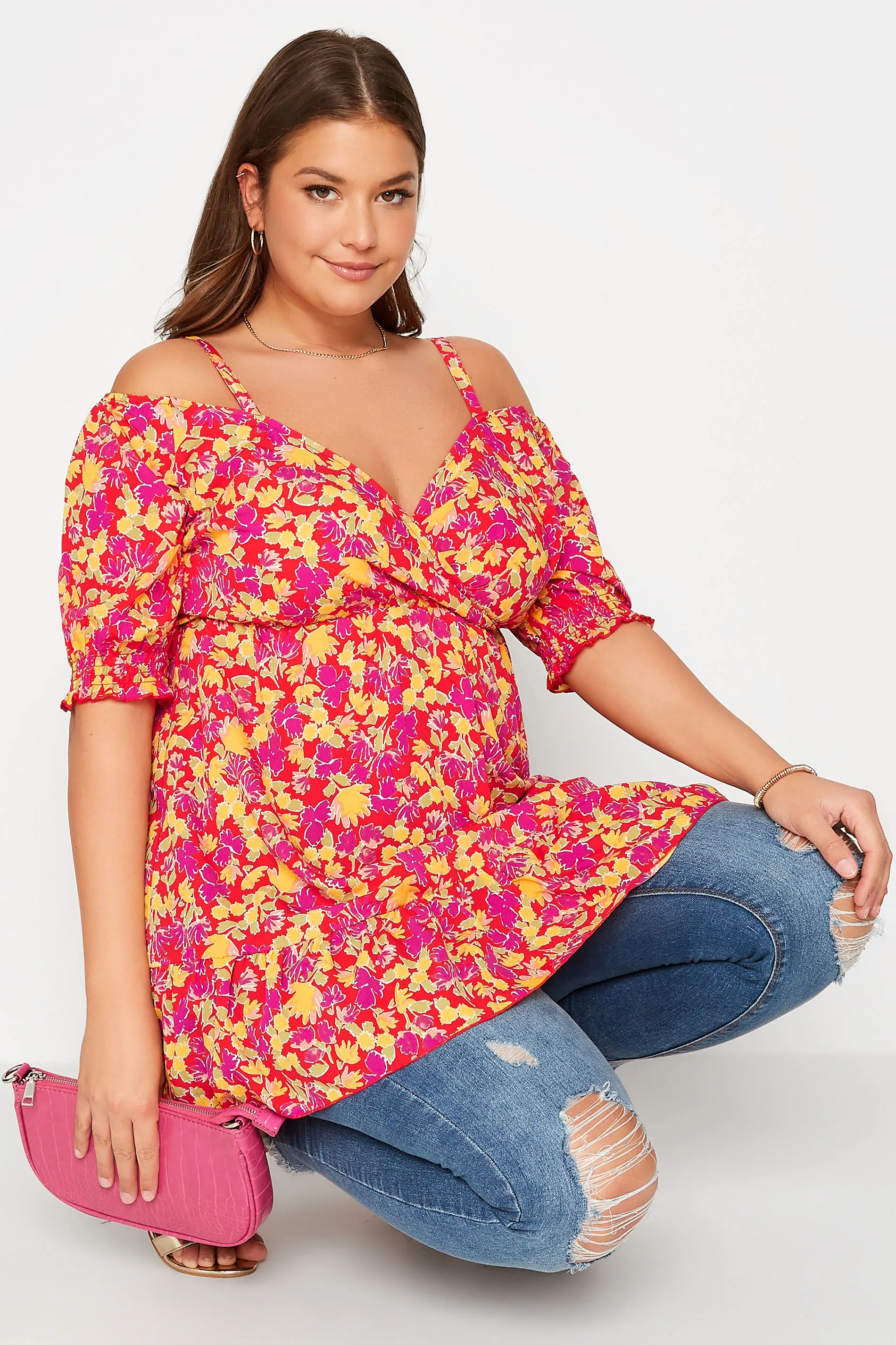 YOURS Curve Red Floral Cold Shoulder Top