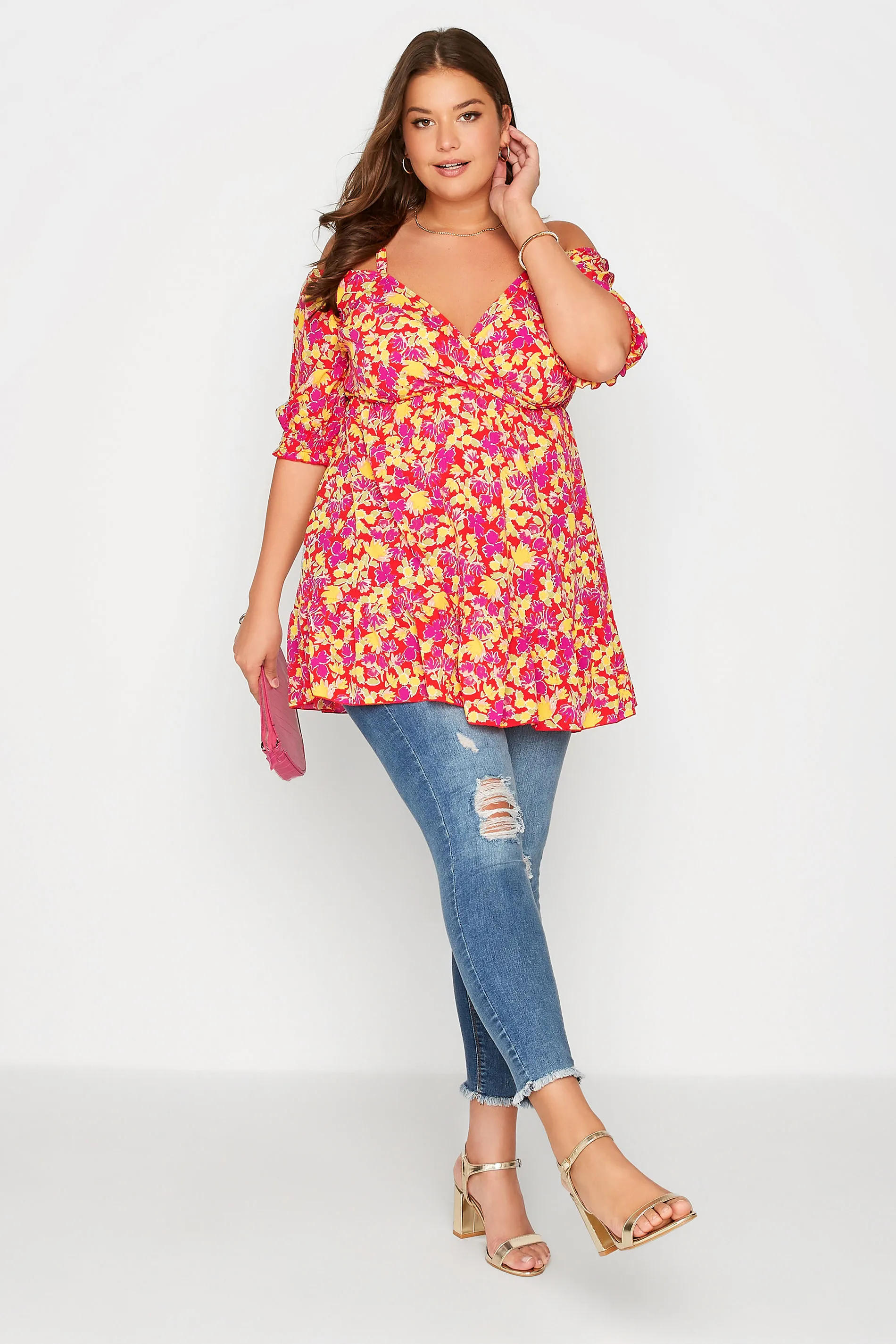 YOURS Curve Red Floral Cold Shoulder Top